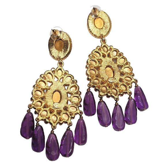 Kenneth Jay Lane KJL Couture Chandelier Statement Runway Purple Gold Earrings - Picture 2 of 9